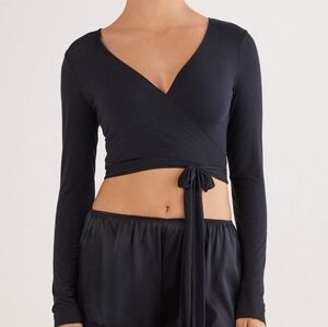 Meshki Black Long Sleeve Wrap Crop Top